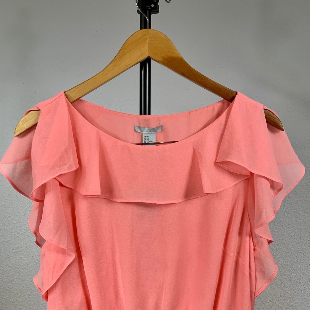 NWT H&M Ruffle-Sleeve Chiffon Mini Dress in Coral Pink - Picture 6 of 10